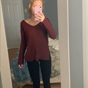 maroon knit sweater V neck off the shoulder